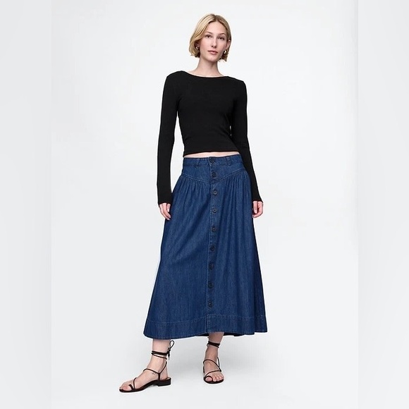 GAP Dresses & Skirts - Gap Denim Western Yoke Midi Skirt 12 31 Dark Wash Cottagecore Rodeo Boho pockets